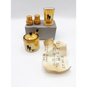 Vintage Ceramic Orange LusterWare Bird Condiment Set‎ honey salt pepper cup